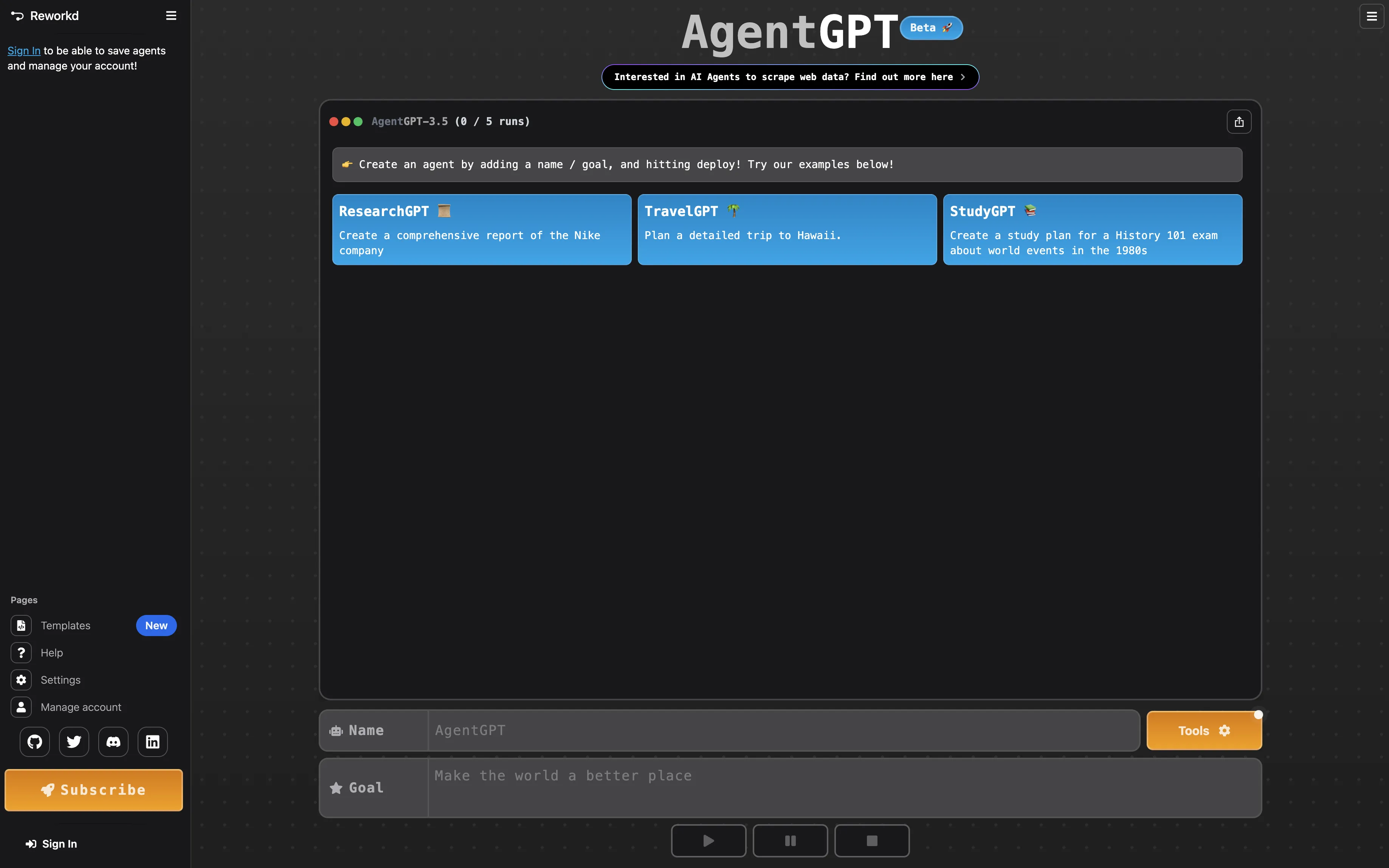 AgentGPT Agent's User Interface