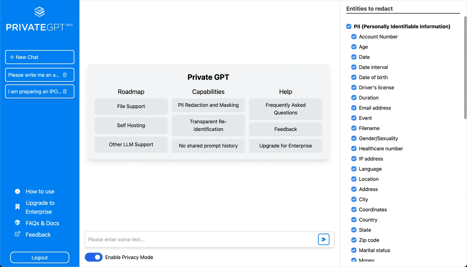 Private GPT Agent's User Interface